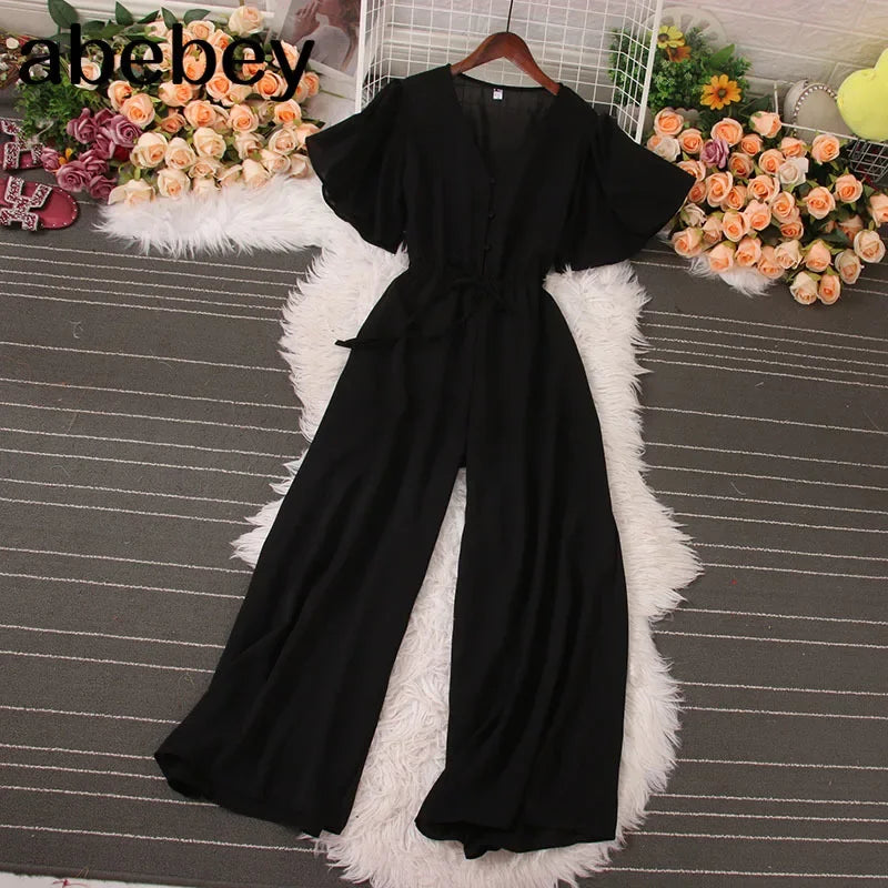 American Women Jumpsuits Fashion V Neck Lace up Loose Wide Legs Pants 2024 New Summer OL Solid Buttons Bodysuitsd