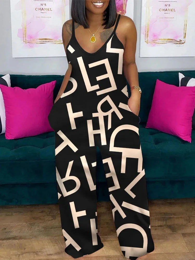Jumpsuits for Women 2025 Spring Fashion Geometric Print Spaghetti Strap Casual V-Neck Sleeveless Pocket Design Long Jumpsuit