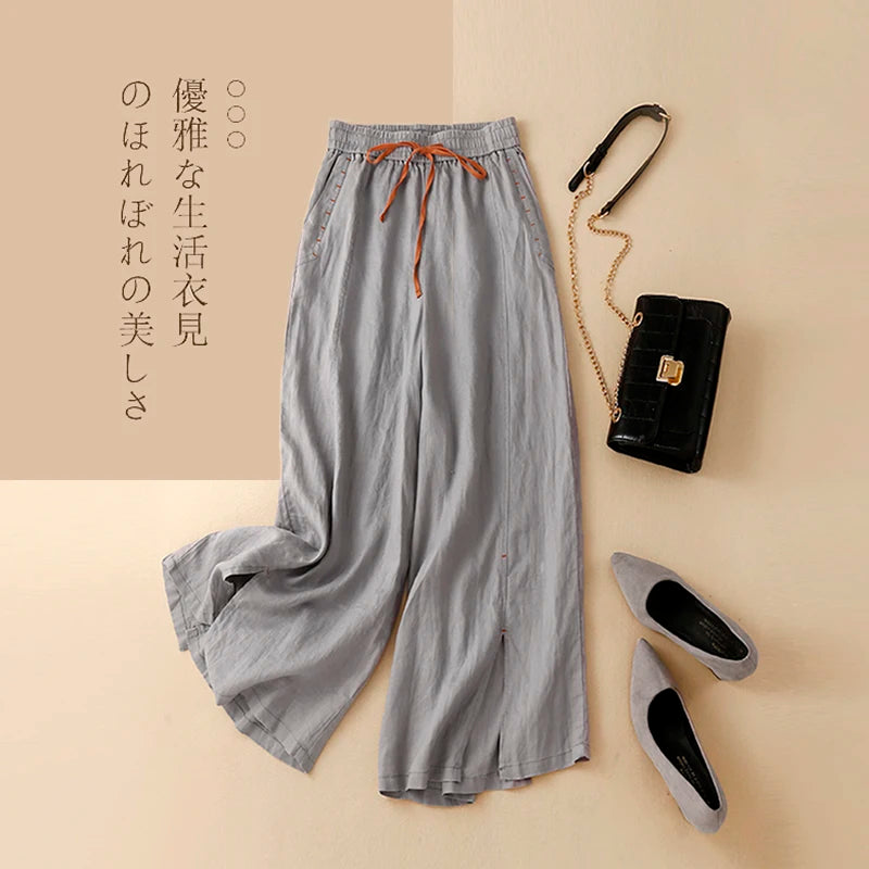 Beige Cotton Linen Casual Elastic High Waist Loose Wide Leg Women's Pants Ankle-Length Pants For Women Clothing 2024 Fashion