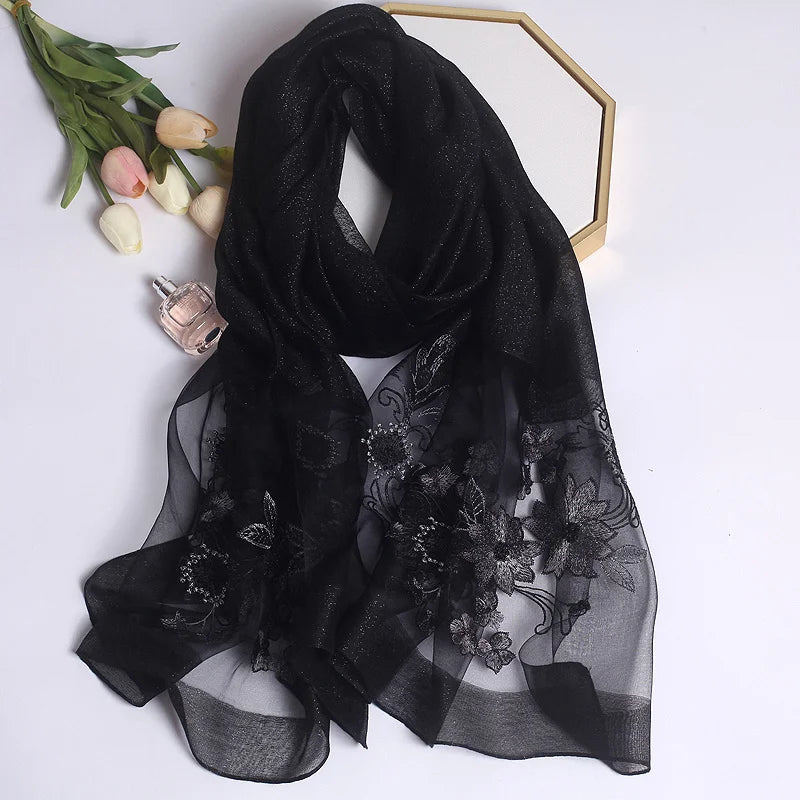 2024 Luxury Silk Shawl Scarf for Women Design Embroidery Flowers Hijab Wraps Bufandas Female Headkerchief Fouloud Echarpe