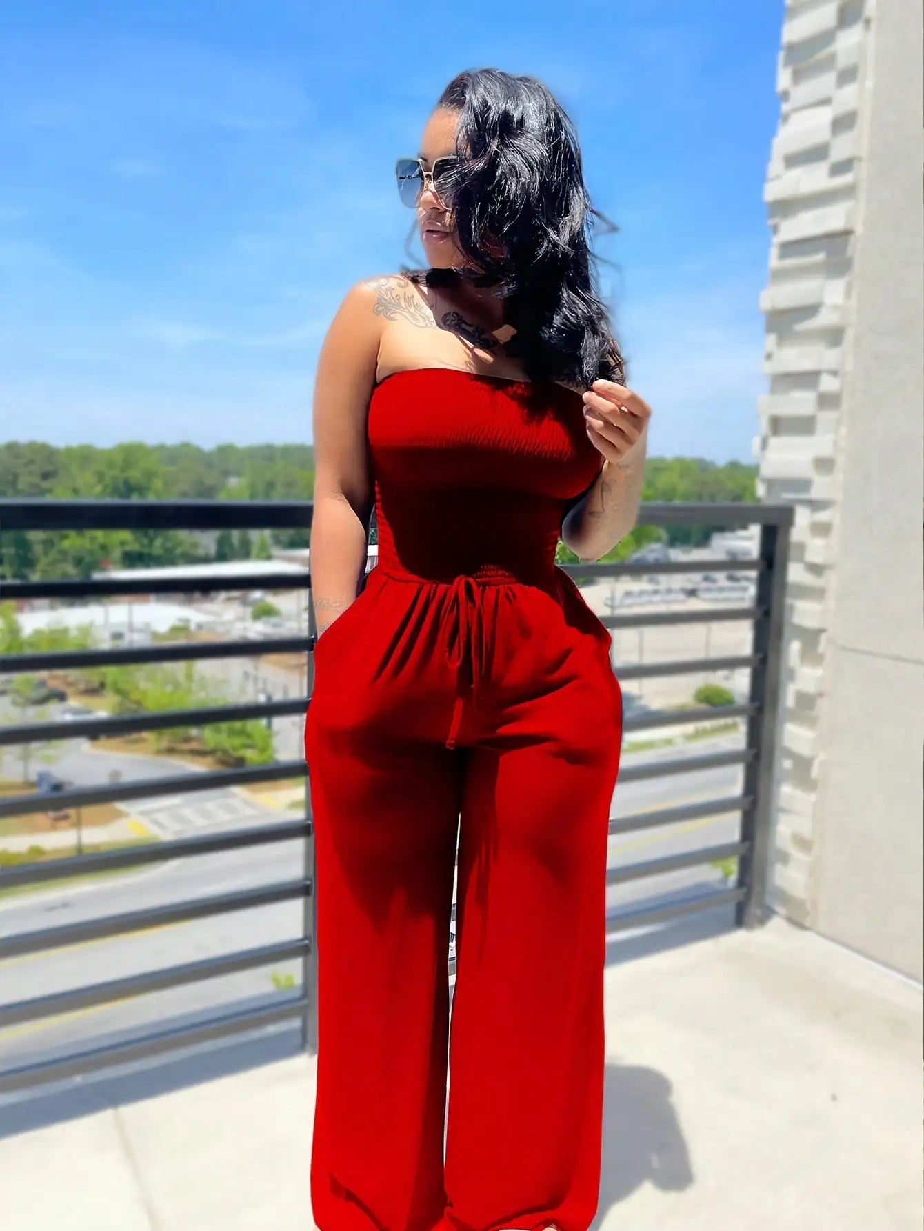 Women's Summer Jumpsuit Casual Strapless Romper Loose Sleeveless Overalls with Pockets Beach Jumpsuits 2025 Fashion Plus Size