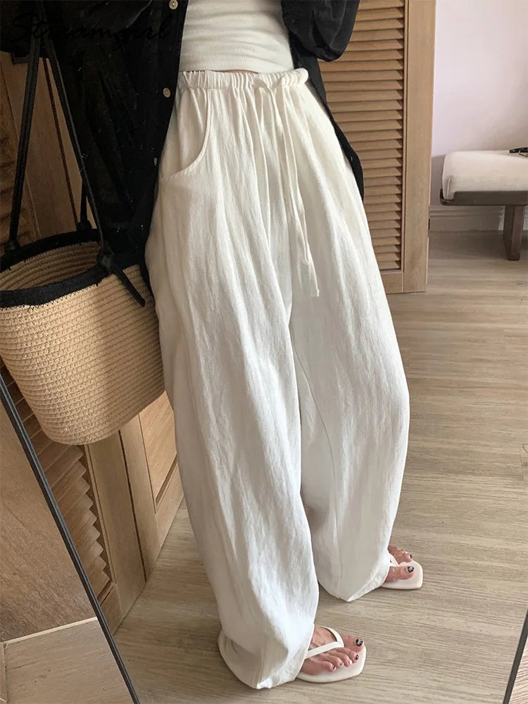 White Cotton Linen Pants Women Wide Leg Basic Summer Trousers Cotton Thin High Waist Loose Straight Women Pants Summer 2025