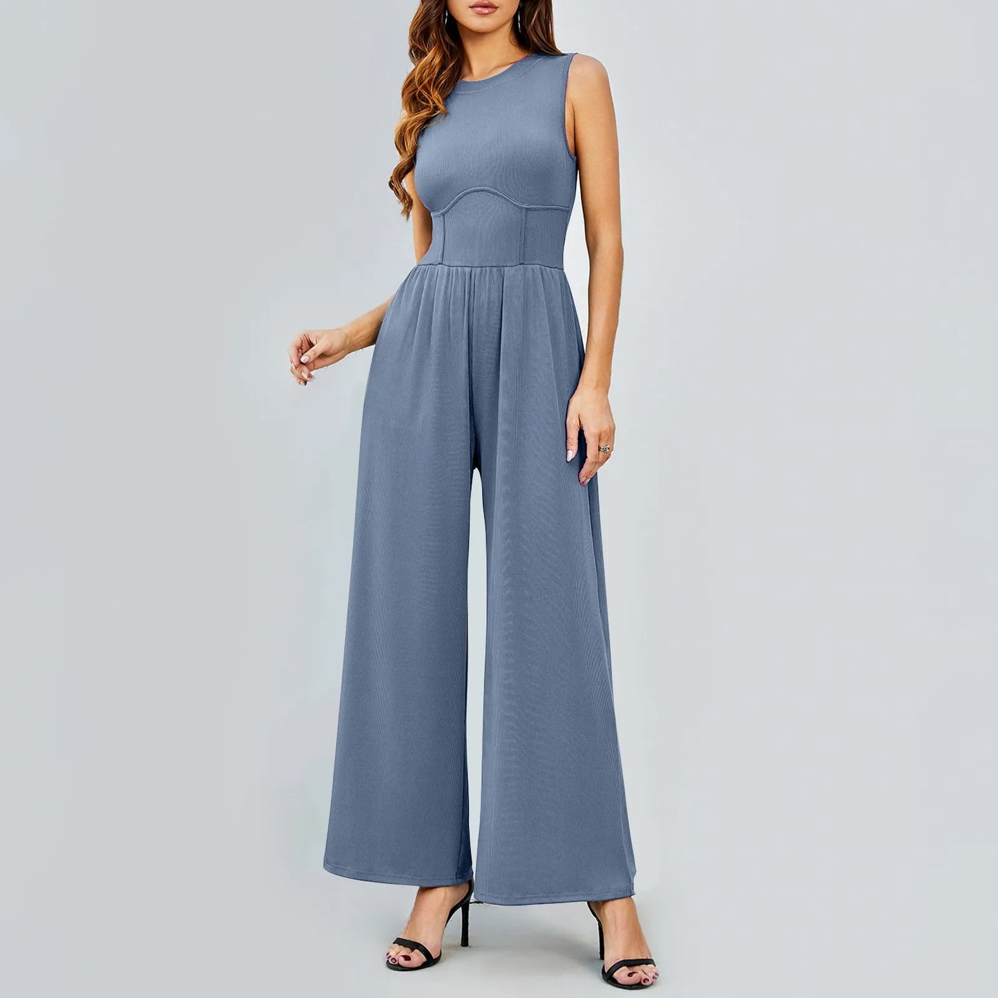 Women'S Jumpsuits 2024 Casual Summer Sleeveless High Neck Rib Tank Top Wide Leg Pants Romper Tummy Control High Waist Jumpsuits