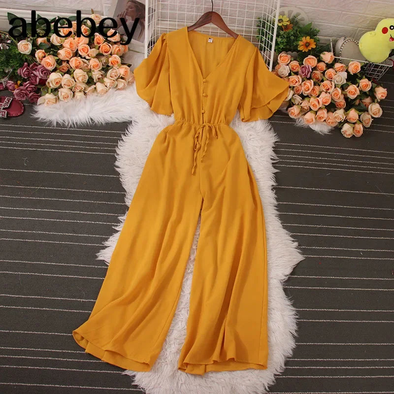 American Women Jumpsuits Fashion V Neck Lace up Loose Wide Legs Pants 2024 New Summer OL Solid Buttons Bodysuitsd