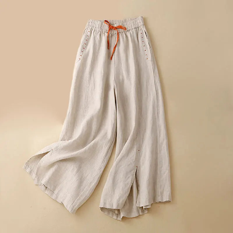 Beige Cotton Linen Casual Elastic High Waist Loose Wide Leg Women's Pants Ankle-Length Pants For Women Clothing 2024 Fashion