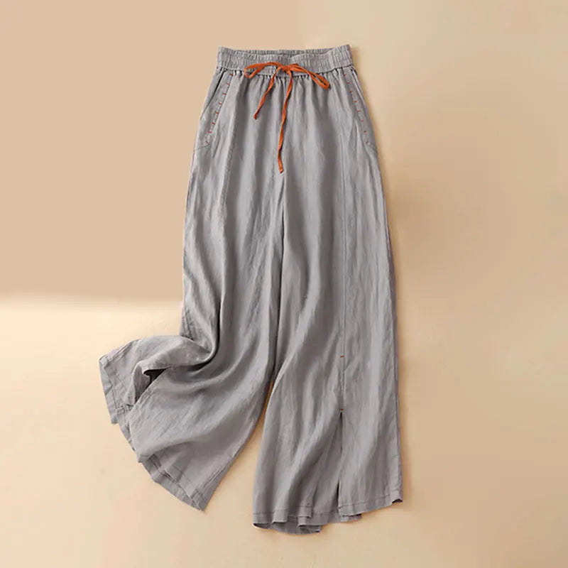 Beige Cotton Linen Casual Elastic High Waist Loose Wide Leg Women's Pants Ankle-Length Pants For Women Clothing 2024 Fashion