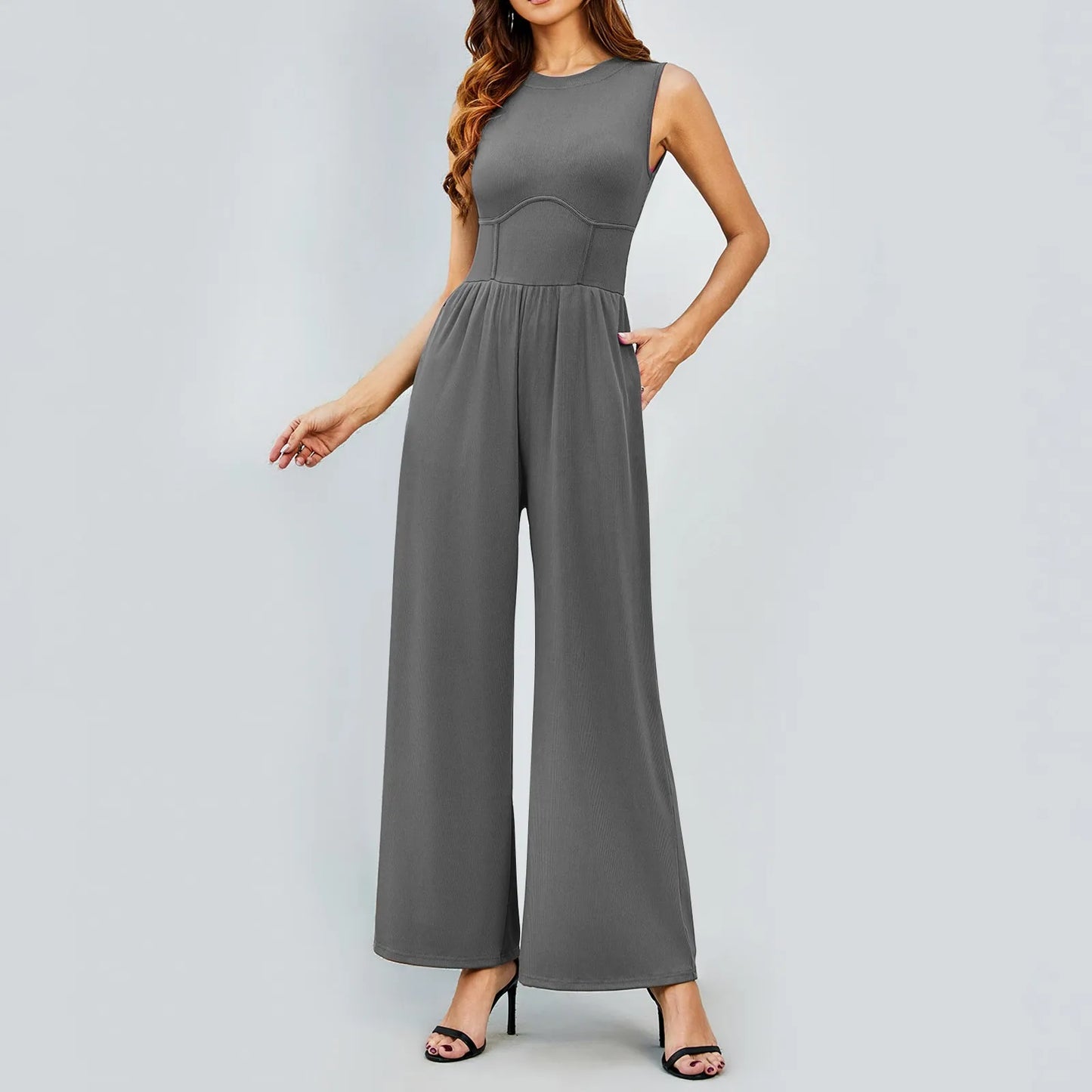 Women'S Jumpsuits 2024 Casual Summer Sleeveless High Neck Rib Tank Top Wide Leg Pants Romper Tummy Control High Waist Jumpsuits
