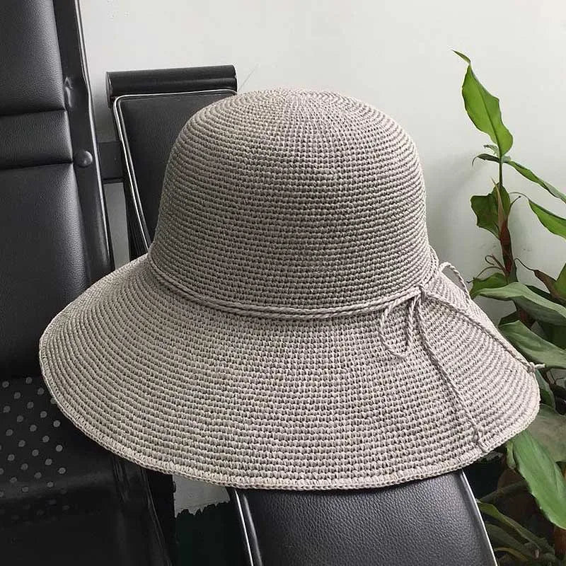 Paper Straw Beach Sun Hat for Women Handmade Crochet Straw Hat Ladies Spring Summer Bucket Hat Big Brim Foldable Floppy Cap