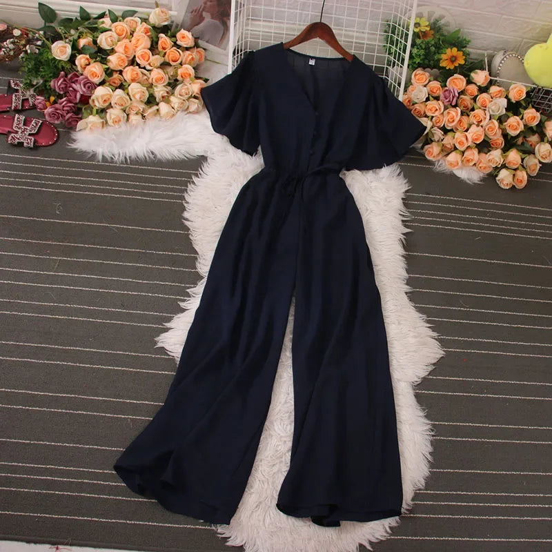 American Women Jumpsuits Fashion V Neck Lace up Loose Wide Legs Pants 2024 New Summer OL Solid Buttons Bodysuitsd