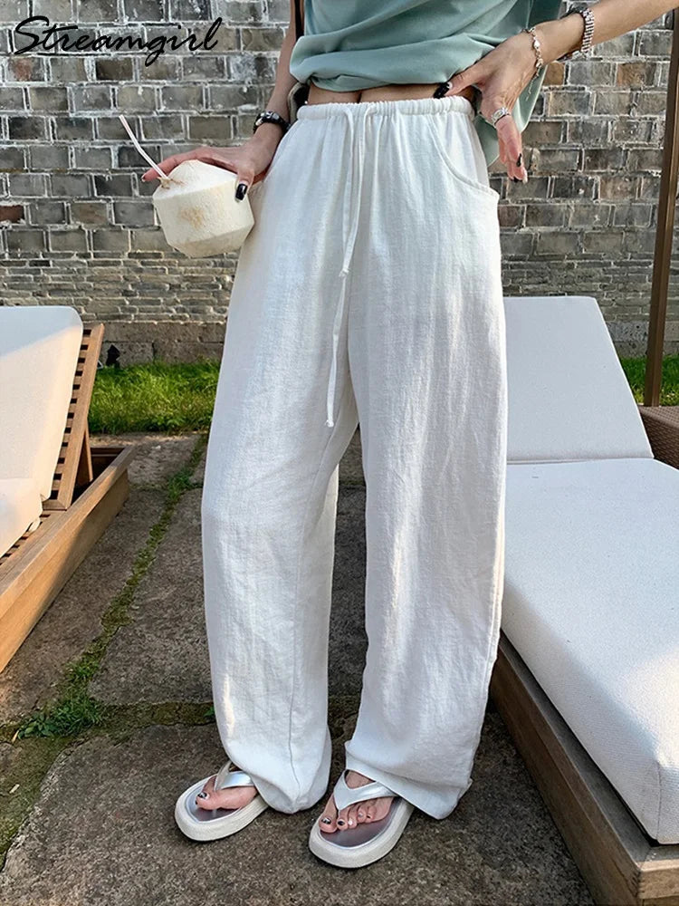 White Cotton Linen Pants Women Wide Leg Basic Summer Trousers Cotton Thin High Waist Loose Straight Women Pants Summer 2025