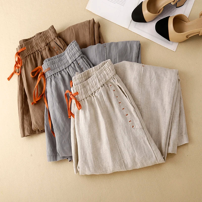 Beige Cotton Linen Casual Elastic High Waist Loose Wide Leg Women's Pants Ankle-Length Pants For Women Clothing 2024 Fashion