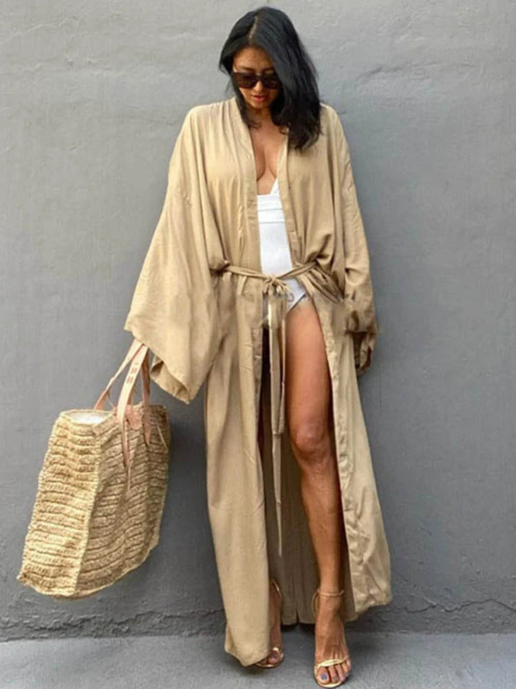 Solid Beach Cover Up Women Self Belted Wrap Kimono Dress Swimsuit 2025 New Robe Summer Beachwear Factory Supply