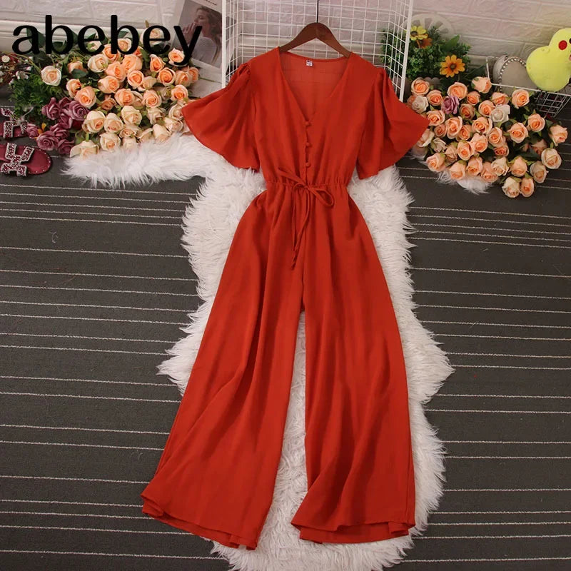 American Women Jumpsuits Fashion V Neck Lace up Loose Wide Legs Pants 2024 New Summer OL Solid Buttons Bodysuitsd