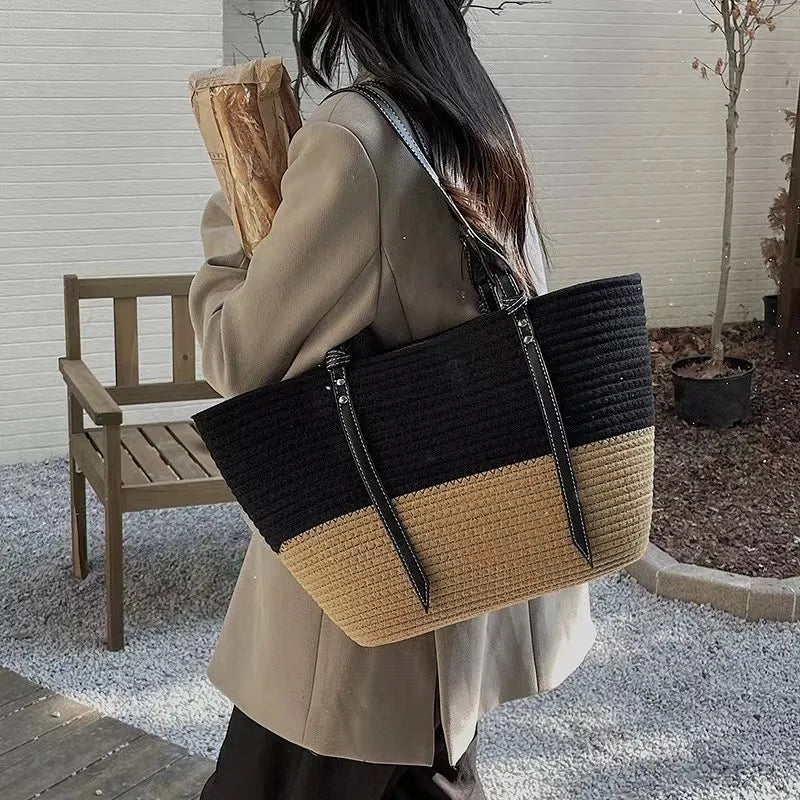 Large Straw Bag Beach Shopping Bags Rattan Woven Shoulder Handbags Women Handmade Straw Basket Handbags Summer Large Capacity