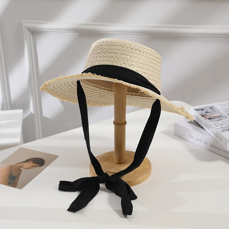 Summer Women Sun Hats Handmade Woven Straw Hat with Lace Ribbons Flat Top Holiday Sunscreen Beach Cap Vacation Hat