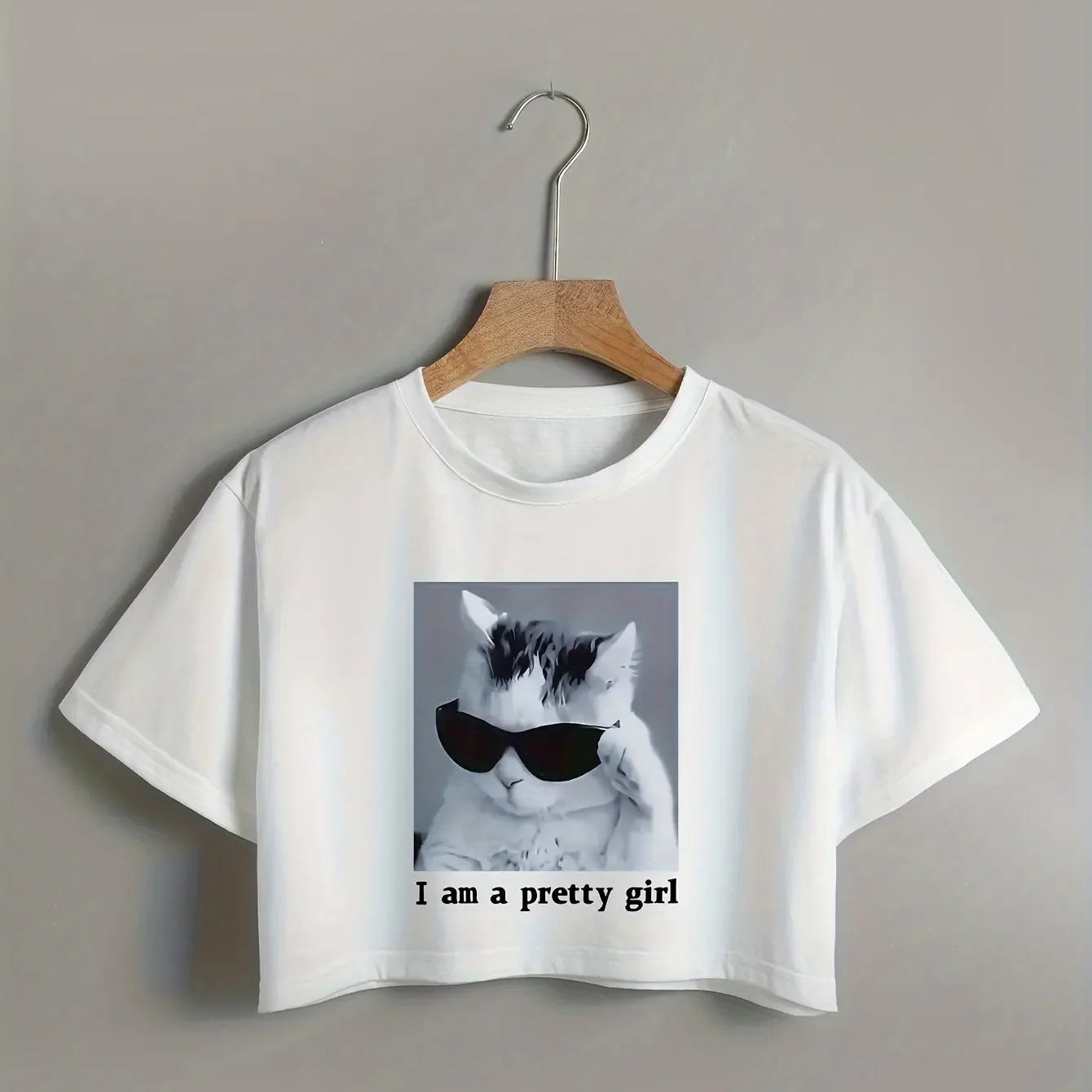 Crop Top Cat Letter Print Cropped T-Shirt Casual Crew Neck Short Sleeve T-Shirt for Spring Summer Women's Clothing