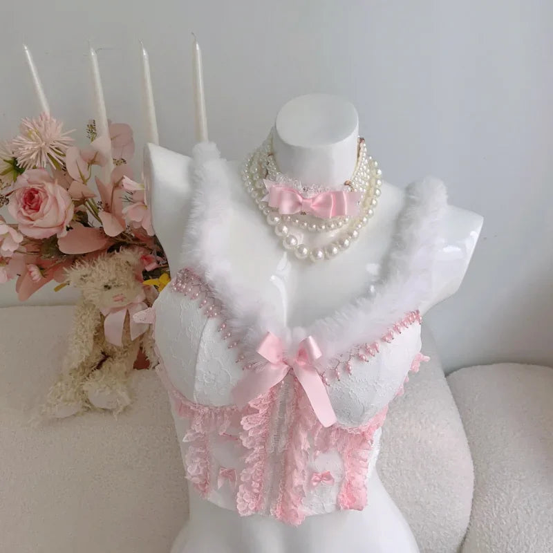 Lolita Style Crop Top Women Summer Cute Cropped Lace Trim Bow Decoration Sweet Lovely Slim Tops for Girls Kawaii Clothes