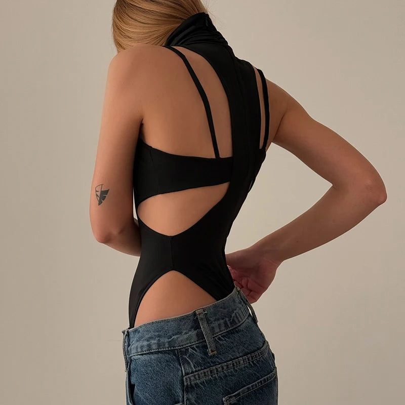 HEYounGIRL Fashion Sexy Hollow Out Bodysuit with Cropped Camisole Two Piece Set Black Chic Bodysuit Top Party Clubwear Costume