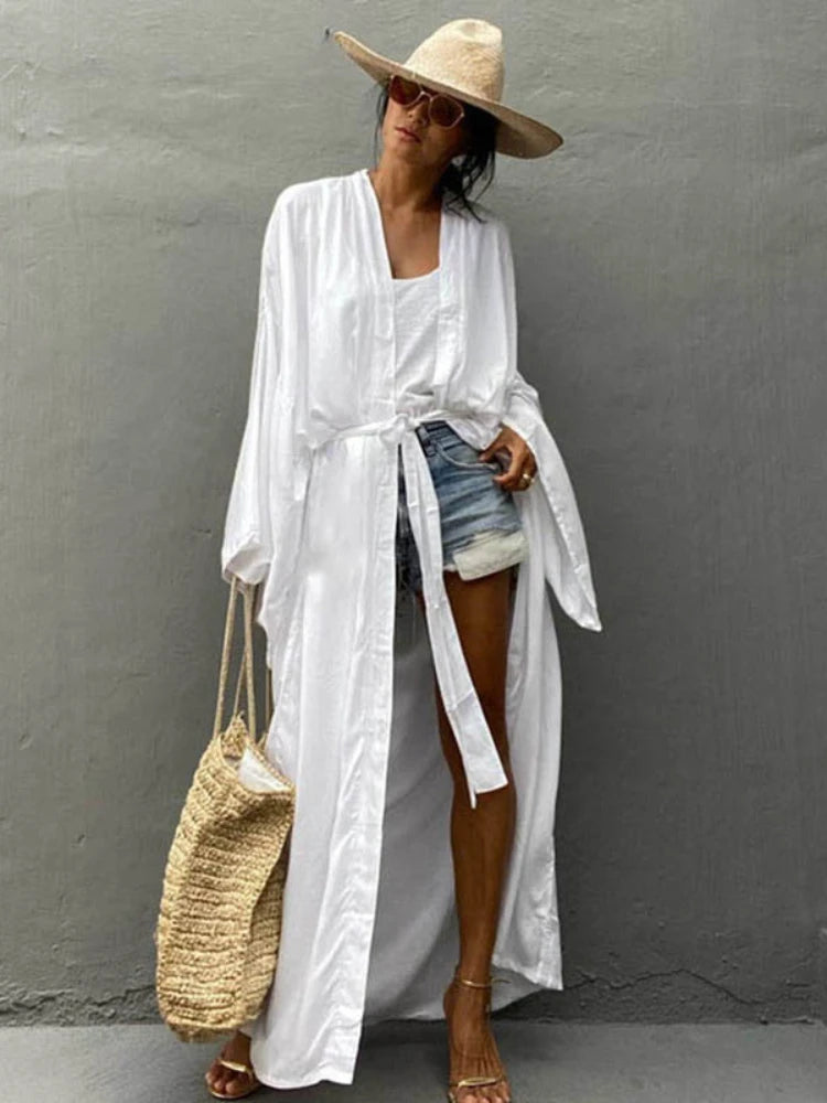 Solid Beach Cover Up Women Self Belted Wrap Kimono Dress Swimsuit 2025 New Robe Summer Beachwear Factory Supply