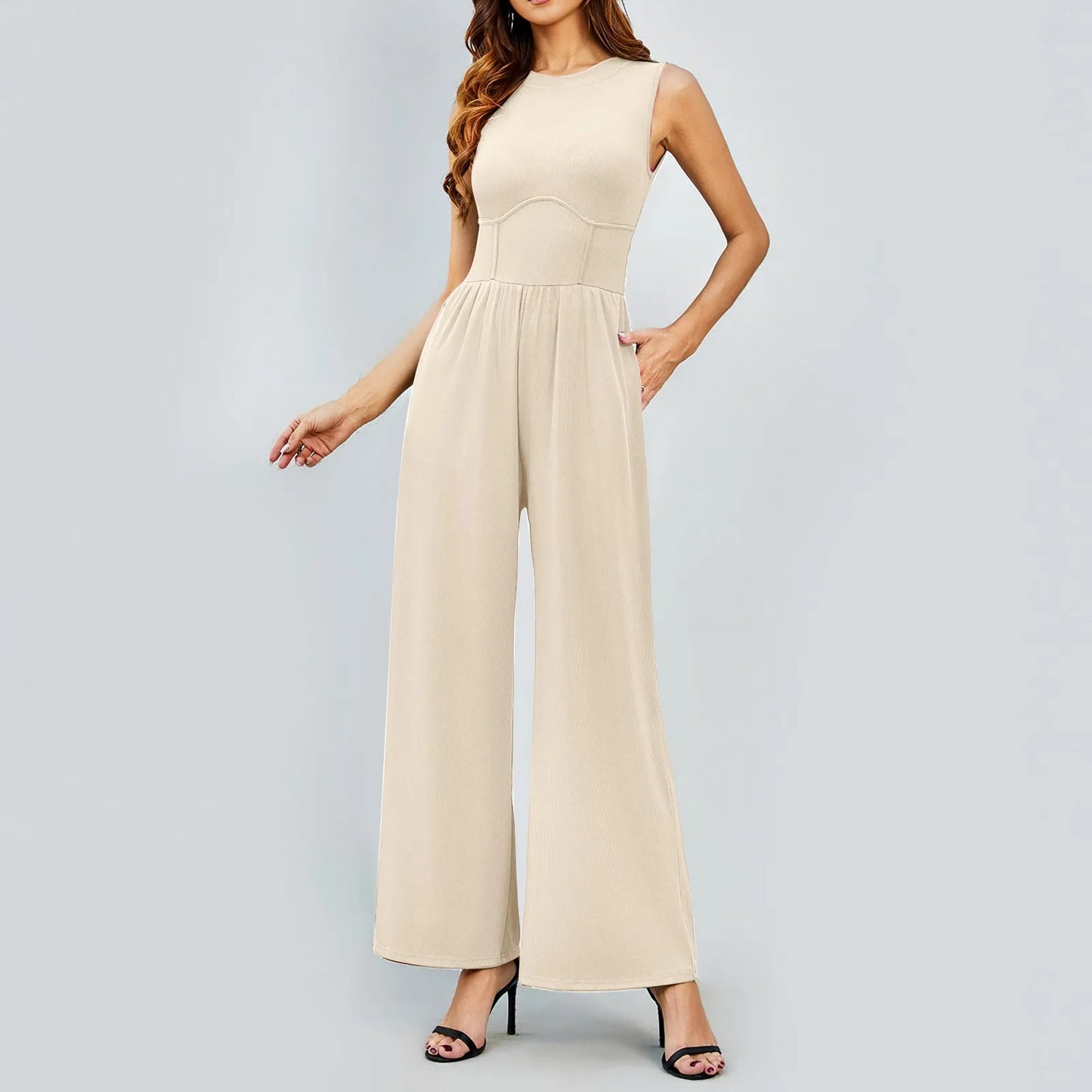 Women'S Jumpsuits 2024 Casual Summer Sleeveless High Neck Rib Tank Top Wide Leg Pants Romper Tummy Control High Waist Jumpsuits