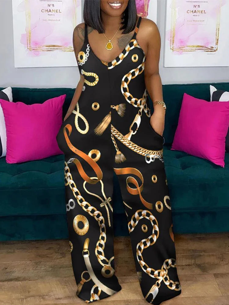 Jumpsuits for Women 2025 Spring Fashion Geometric Print Spaghetti Strap Casual V-Neck Sleeveless Pocket Design Long Jumpsuit
