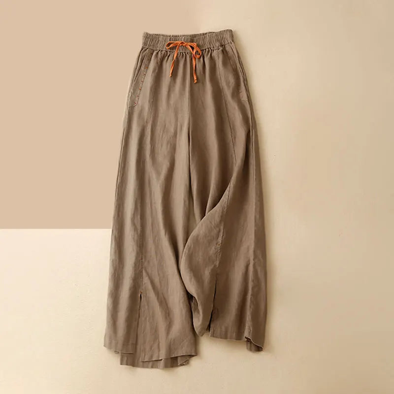 Beige Cotton Linen Casual Elastic High Waist Loose Wide Leg Women's Pants Ankle-Length Pants For Women Clothing 2024 Fashion