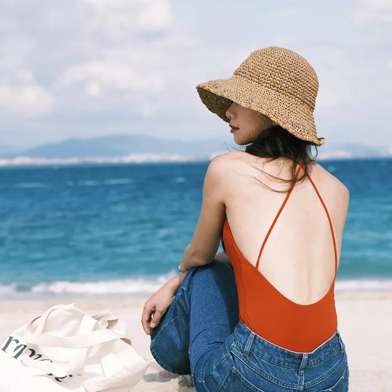 Summer Straw Sun Hats for Women Showing Face Small Bucket Hat Large Brim Sunshade and Sunscreen Seaside Beach Cap