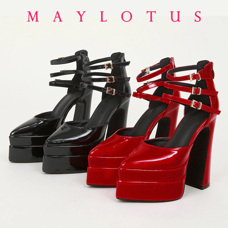 2025 Point Toe High Heels Platform Women's Shoes With Straps Sexy Pump Latest Buckle Casual Pumps Female Chunky Shoes