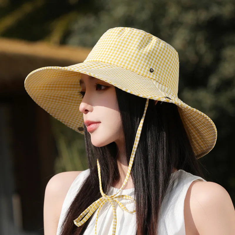 Summer Hat for Women Bucket Hat Plaid Wide Brim Sun Hat with Windproof Rope Sunshade Sun Hat Cycling Travel Fisherman Cap Korean