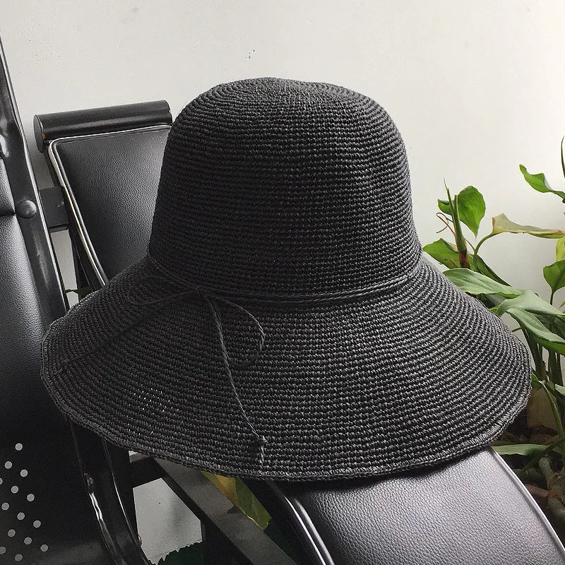 Paper Straw Beach Sun Hat for Women Handmade Crochet Straw Hat Ladies Spring Summer Bucket Hat Big Brim Foldable Floppy Cap