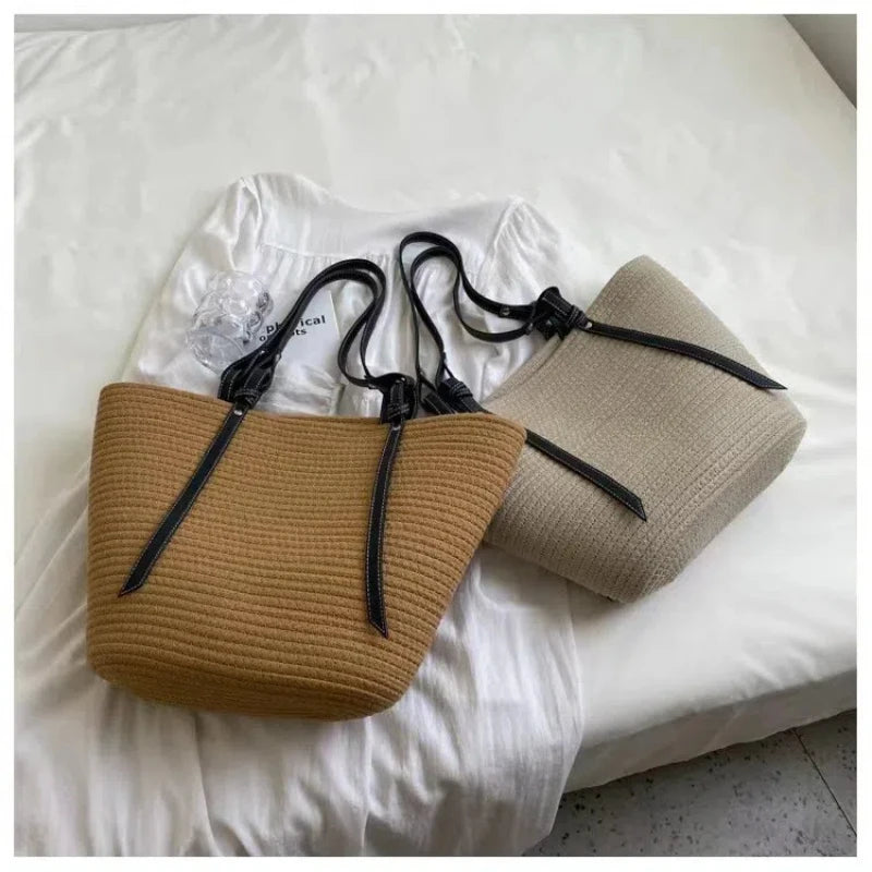 Large Straw Bag Beach Shopping Bags Rattan Woven Shoulder Handbags Women Handmade Straw Basket Handbags Summer Large Capacity