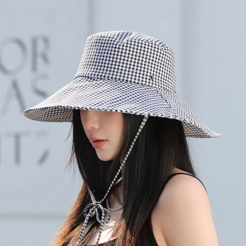 Summer Hat for Women Bucket Hat Plaid Wide Brim Sun Hat with Windproof Rope Sunshade Sun Hat Cycling Travel Fisherman Cap Korean