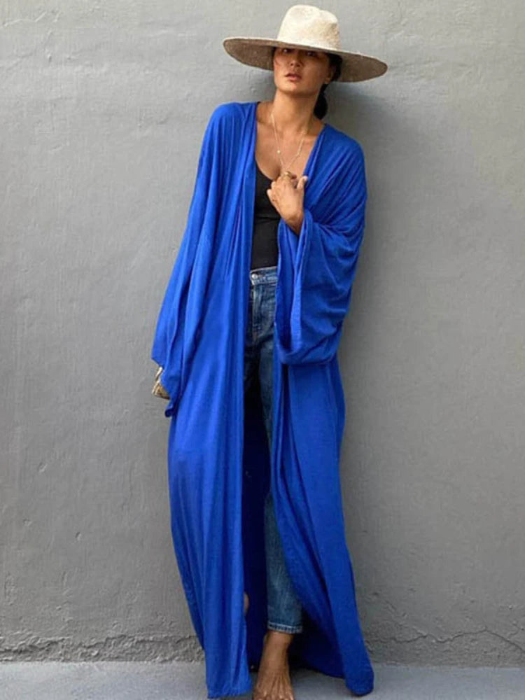 Solid Beach Cover Up Women Self Belted Wrap Kimono Dress Swimsuit 2025 New Robe Summer Beachwear Factory Supply
