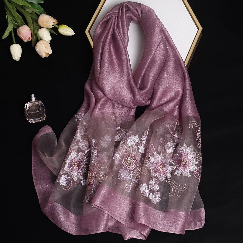 2024 Luxury Silk Shawl Scarf for Women Design Embroidery Flowers Hijab Wraps Bufandas Female Headkerchief Fouloud Echarpe