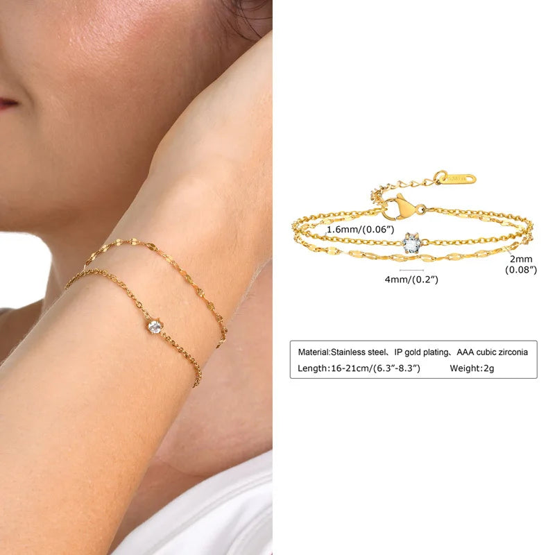 Waterproof Layered Anklet Bracelet for Women, Adjustable Gold Plated with Zirconia Stainless Steel Link Foot Chain Jewelry