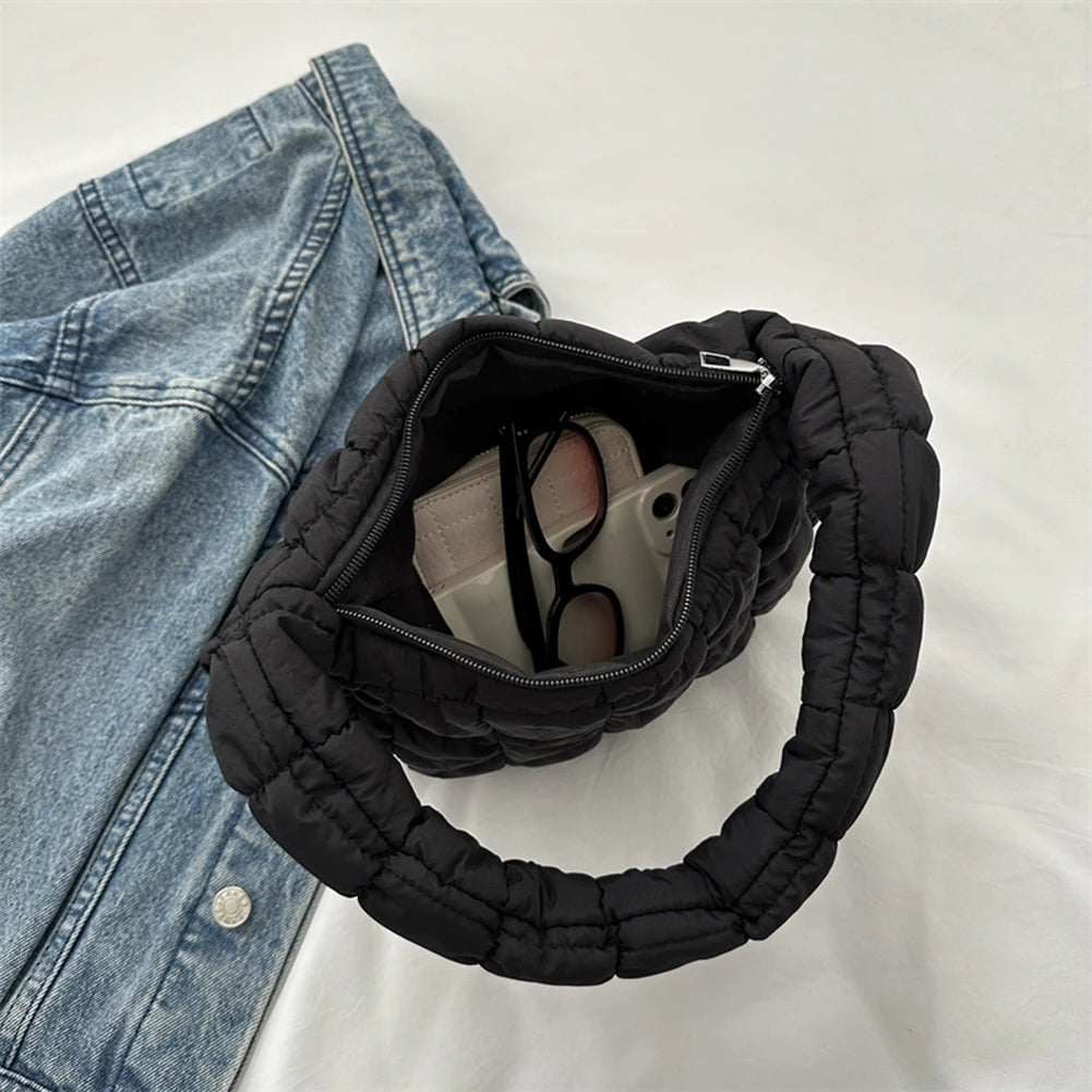 Korean Ruched Solid Underarm Bag Plaid Quilted Women Small Handbag Bubble Embroidered Ladies Shoulder Bag Winter Cotton Tote Bag