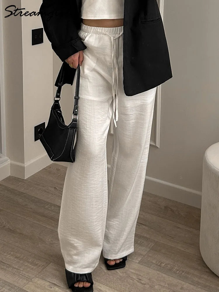 White Cotton Linen Pants Women Wide Leg Basic Summer Trousers Cotton Thin High Waist Loose Straight Women Pants Summer 2025