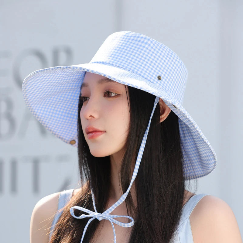 Summer Hat for Women Bucket Hat Plaid Wide Brim Sun Hat with Windproof Rope Sunshade Sun Hat Cycling Travel Fisherman Cap Korean