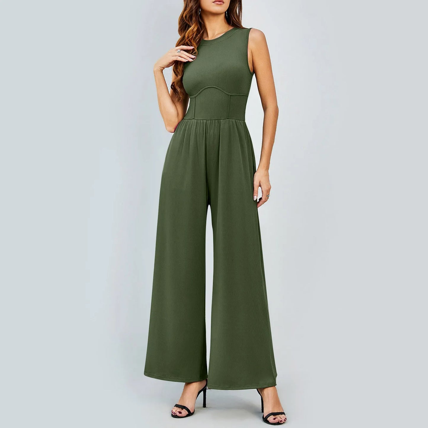 Women'S Jumpsuits 2024 Casual Summer Sleeveless High Neck Rib Tank Top Wide Leg Pants Romper Tummy Control High Waist Jumpsuits
