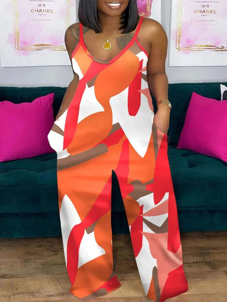 Jumpsuits for Women 2025 Spring Fashion Geometric Print Spaghetti Strap Casual V-Neck Sleeveless Pocket Design Long Jumpsuit