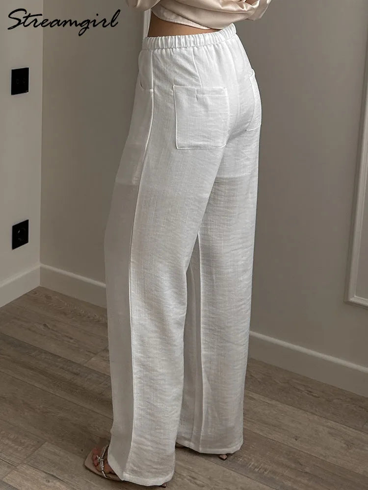 White Cotton Linen Pants Women Wide Leg Basic Summer Trousers Cotton Thin High Waist Loose Straight Women Pants Summer 2025