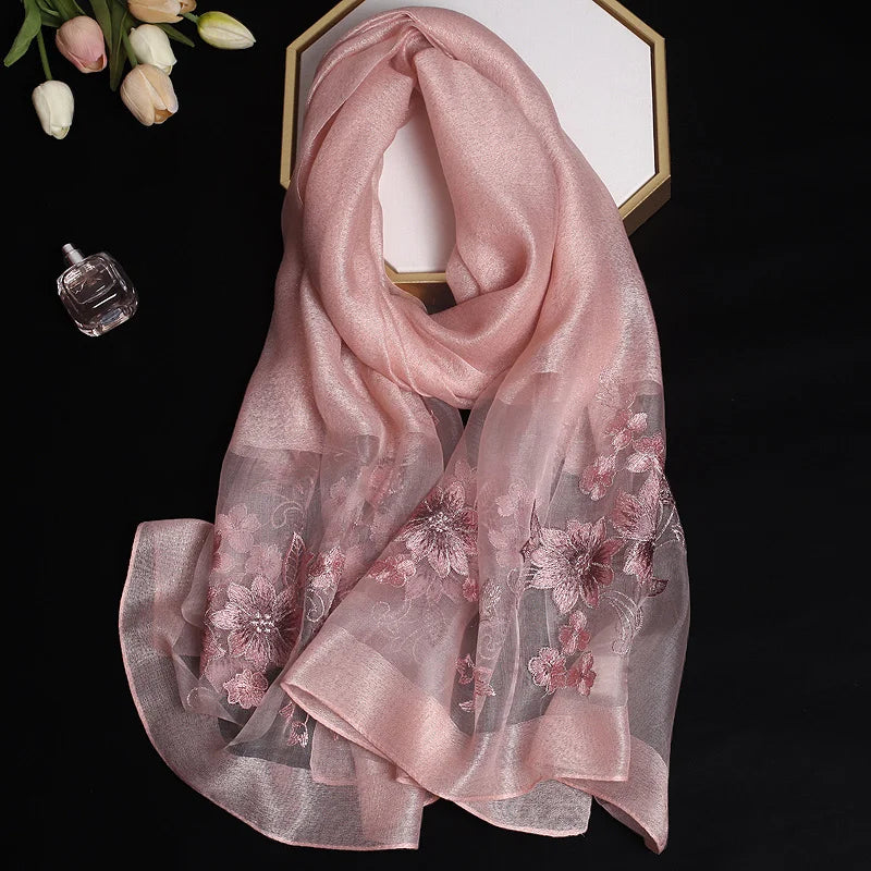 2024 Luxury Silk Shawl Scarf for Women Design Embroidery Flowers Hijab Wraps Bufandas Female Headkerchief Fouloud Echarpe