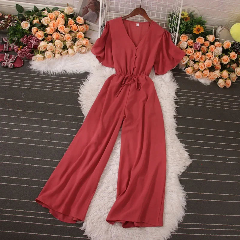 American Women Jumpsuits Fashion V Neck Lace up Loose Wide Legs Pants 2024 New Summer OL Solid Buttons Bodysuitsd