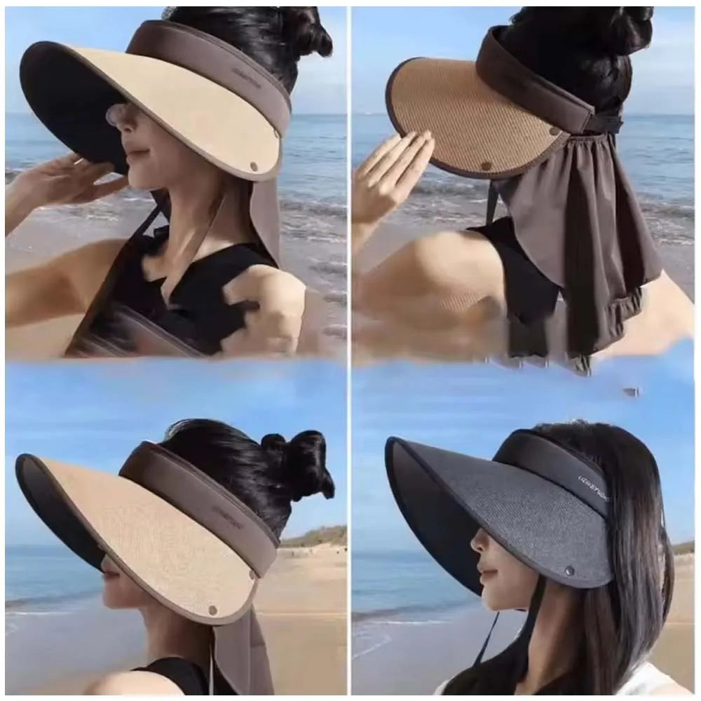Summer Outdoor Sun Hat For Women Fashionable Casual Wide Brimmed Hat Portable Fisherman Hat With Removable Sunscreen Shawl