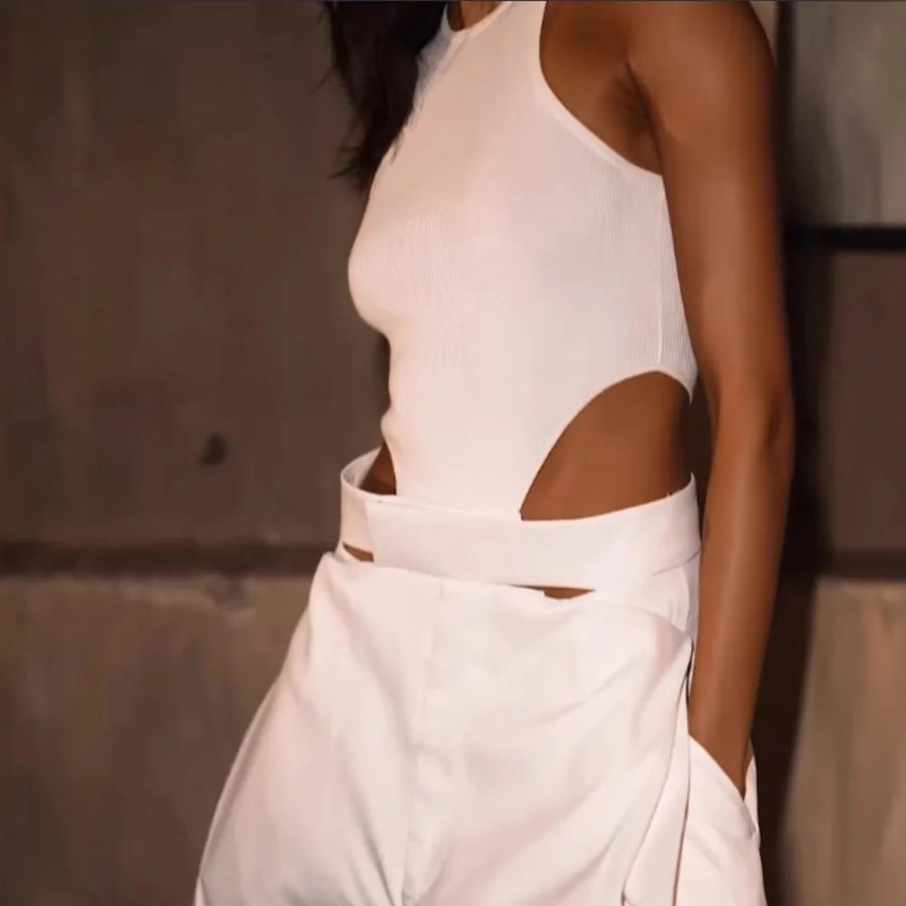 Fashion Jumpsuits For Women Summer O Neck Sleeveless Hollow Out Slim White Wide Leg Jumpsuit Girl High Street Chic Sexy Jumpsuit
