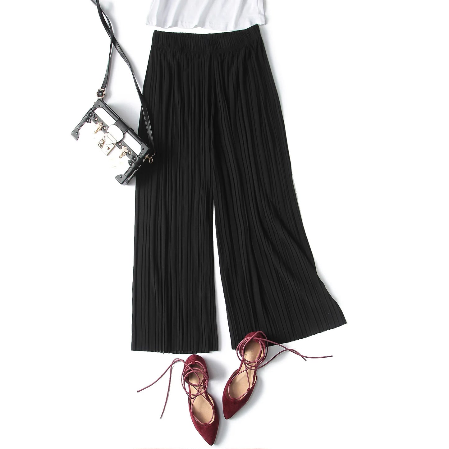 Wide leg pants pleated chiffon high waisted loose skirt pants with large hem and drape feeling, large size random linen spring/s