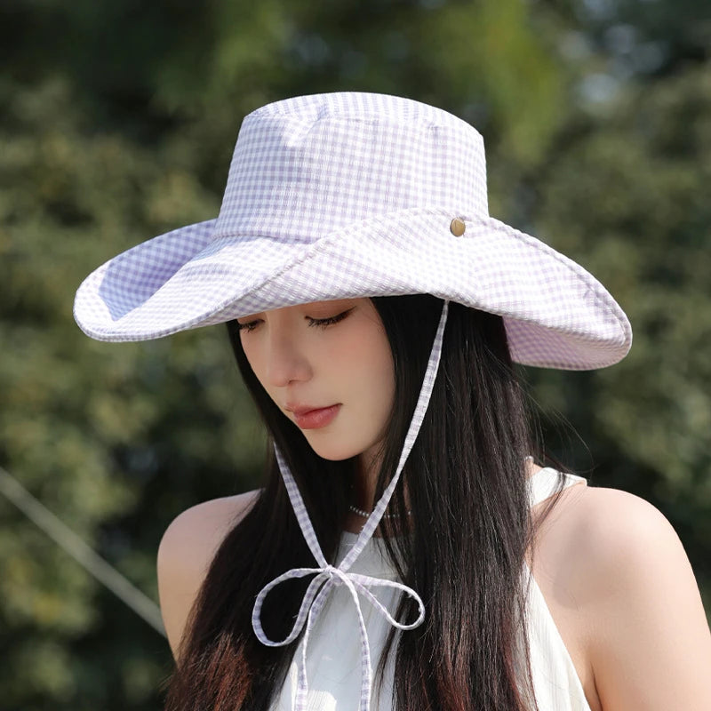 Summer Hat for Women Bucket Hat Plaid Wide Brim Sun Hat with Windproof Rope Sunshade Sun Hat Cycling Travel Fisherman Cap Korean