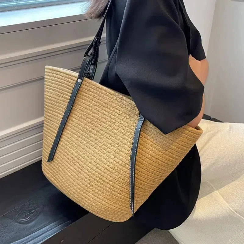 Large Straw Bag Beach Shopping Bags Rattan Woven Shoulder Handbags Women Handmade Straw Basket Handbags Summer Large Capacity