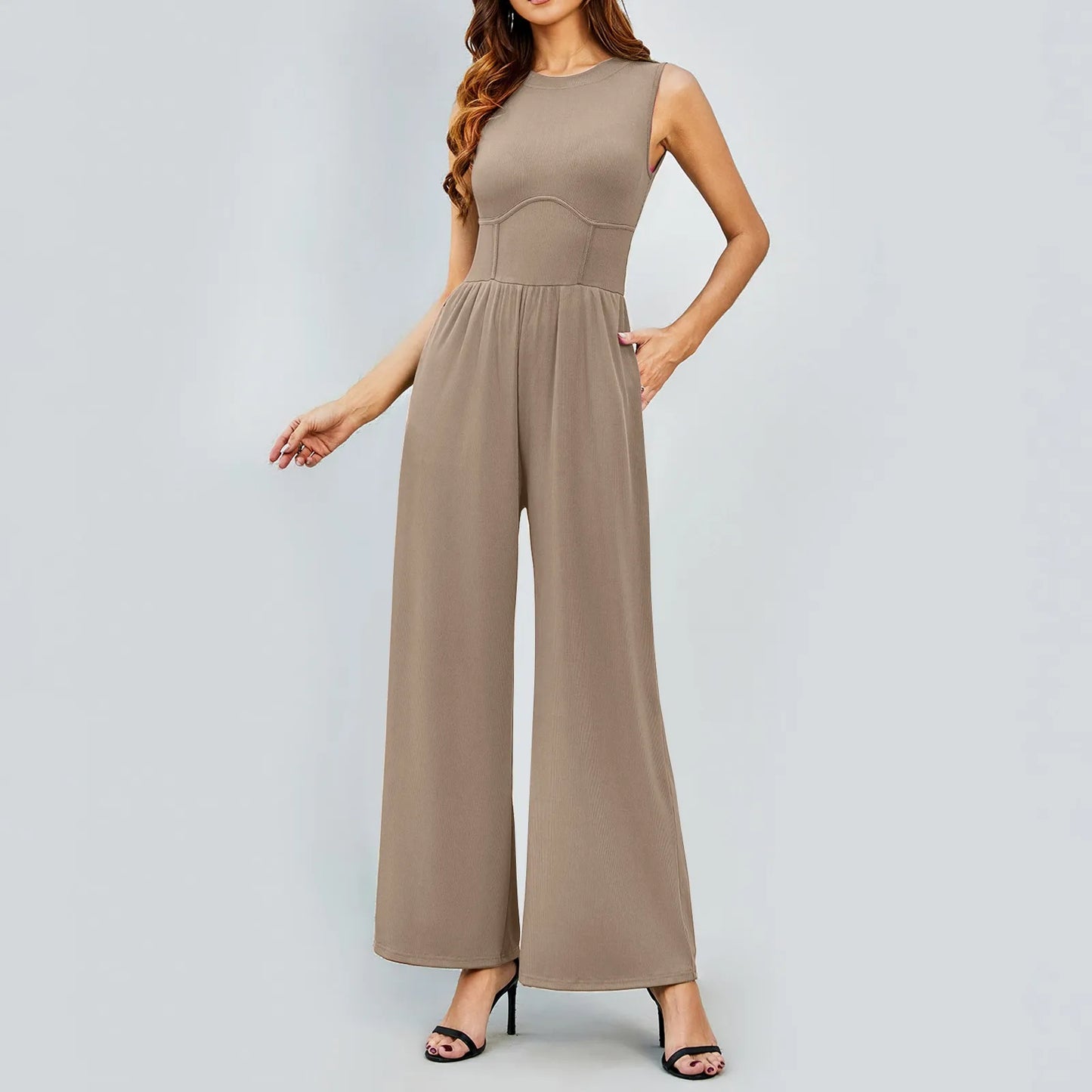 Women'S Jumpsuits 2024 Casual Summer Sleeveless High Neck Rib Tank Top Wide Leg Pants Romper Tummy Control High Waist Jumpsuits