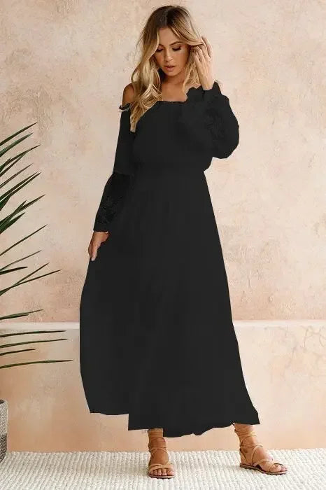 Sundress Swing Dress Women Elegant Long Sleeve Drawstring Slash Neck Lace Pleated Ruffle Loose Vacation Party Dresses Vestidos